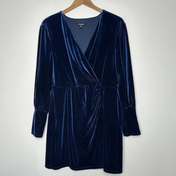 Express Faux Wrap Mini Dress Size XL Navy Blue Velvet Ruched - Picture 2 of 11
